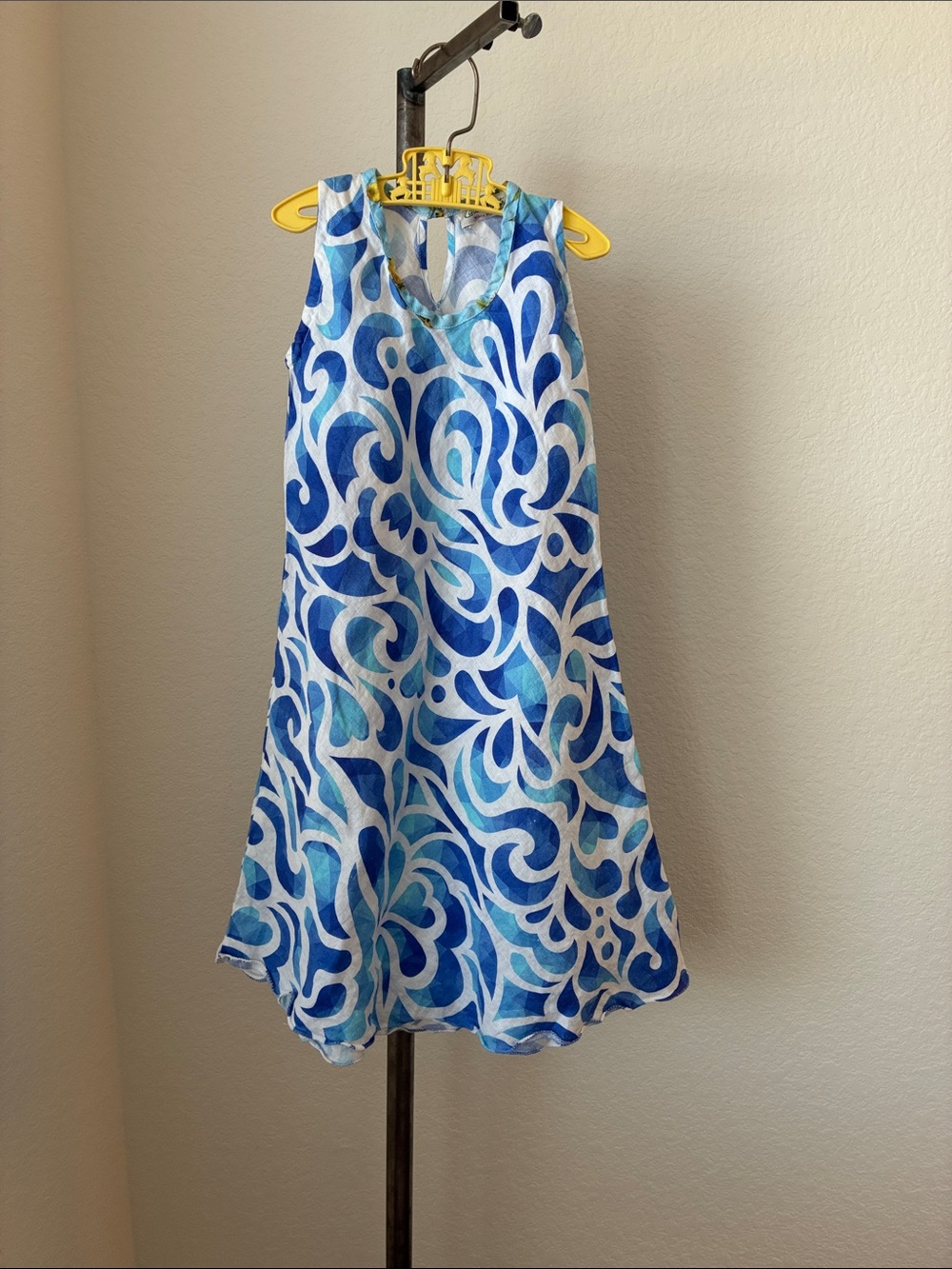 Casa Mastro girls sz S Sleeveless Linen Dress Blue Swirl Hearts Positano Italy
